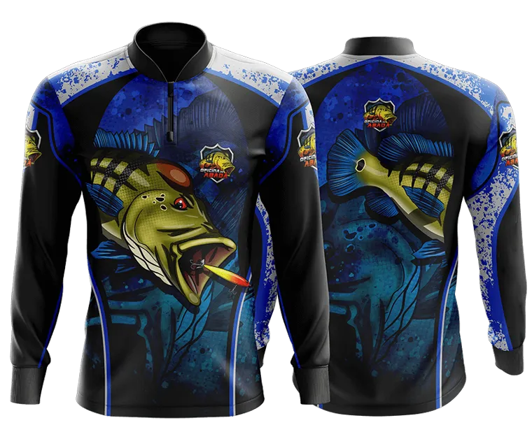 Modelo de camisa de pesca azul e preta com tucunaré ilustrado, frente e costas